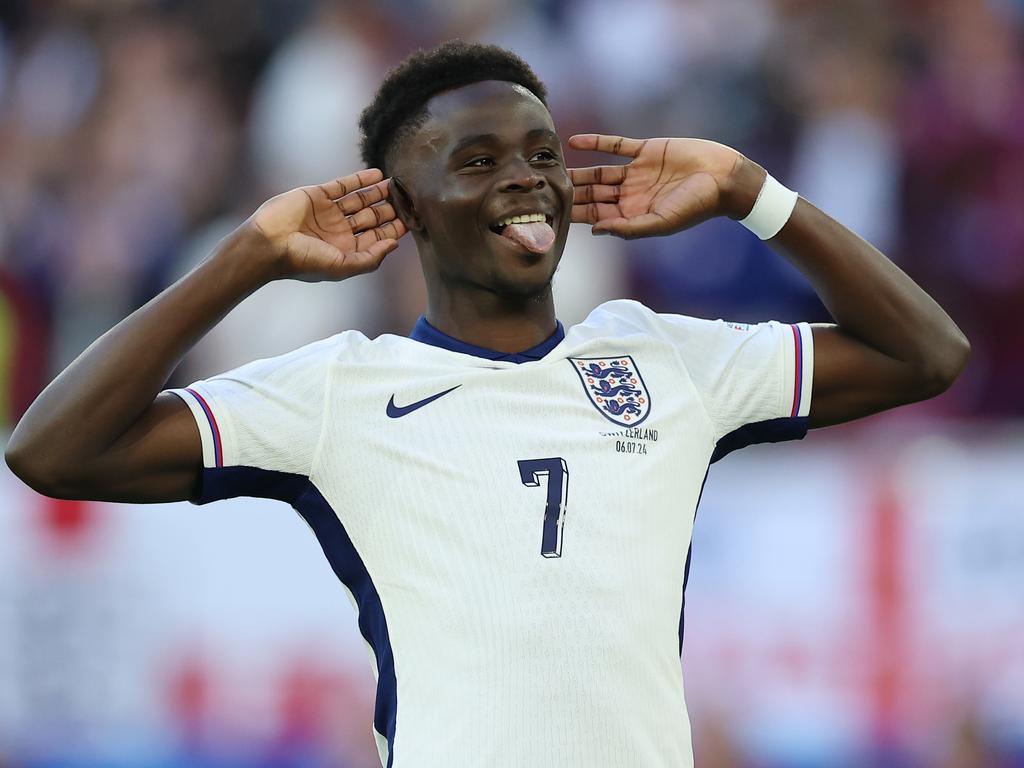 Bukayo Saka of England celebrates scoring the team's third penalty in the penalty shoot out during the UEFA EURO 2024 quarter-final match between England and Switzerland. Picture: Richard Pelham/Getty Images