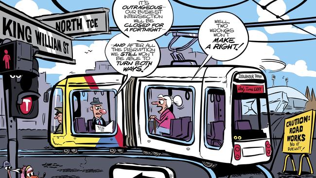 Jos Valdman’s cartooon on the North Terrace tram.