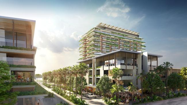 The ‘Canal Street Resort’ and its seven attached three-storey townhouses are the centrepiece of a major addition to the Port of Airlie designed to link the marina boardwalk with the Airlie Beach town centre. Picture: Supplied