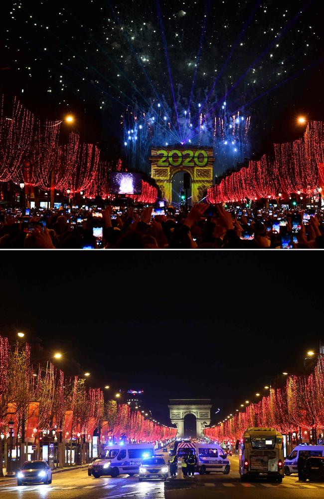 The fireworks over the Arc de Triomphe during the New Year's celebrations on the Champs-Elysees avenue, in Paris, on January 1, 2020 (up) and police patrolling on the empty Champs-Elysees avenue during New Year's Eve on December 31, 2020. Picture: AFP