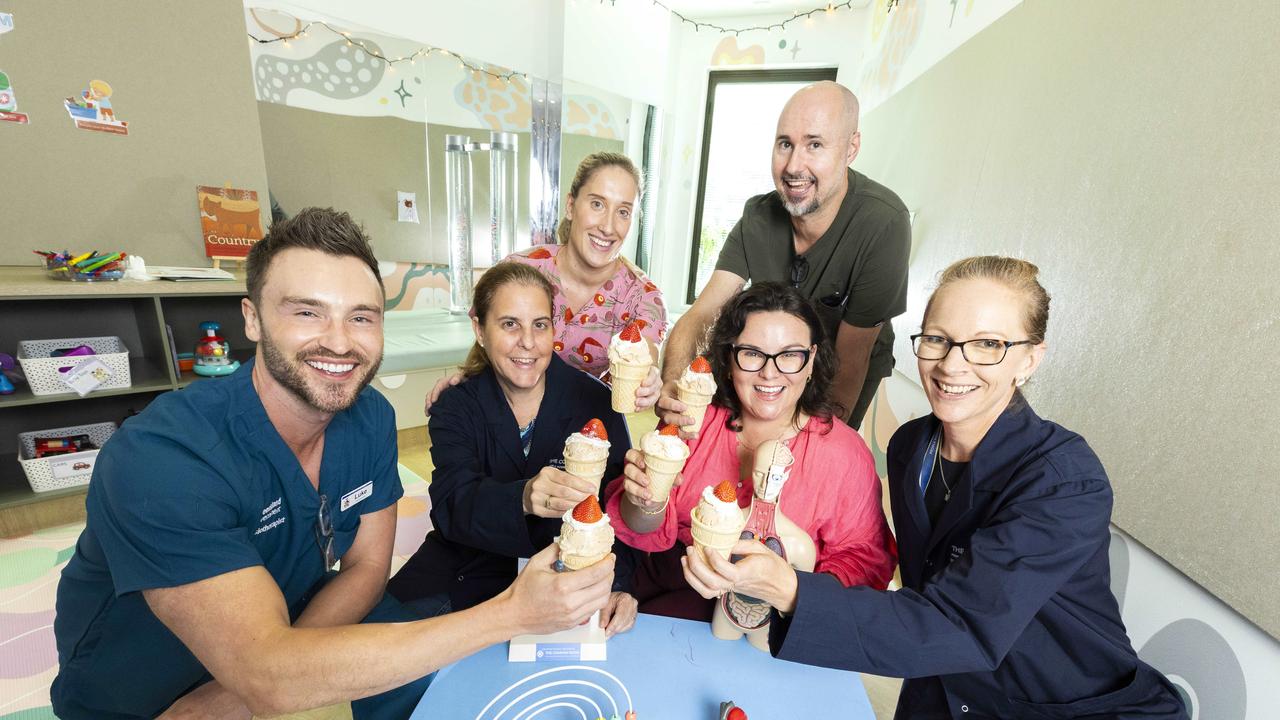 Luke Churchill, Viviana Lutzky, Hanna Stein, Chloe Nguyen, Eamonn Eeles and Megan Grace with EKKA sundaes at Prince Charles Hospital, Chermside. Photo: Richard Walker