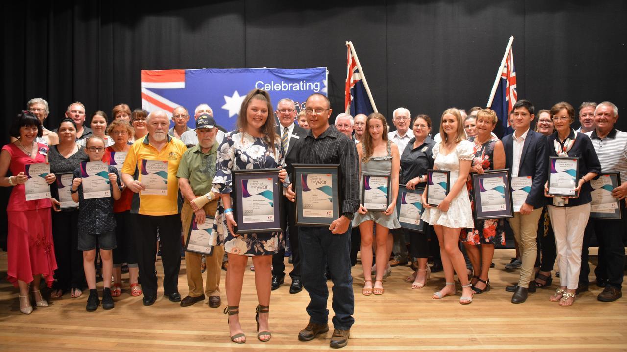 Citizens of the Year Brenna Prendergast and Mark Beil with the award winners and nominees at the South Burnett 2020 Australia Day awards. File Photo