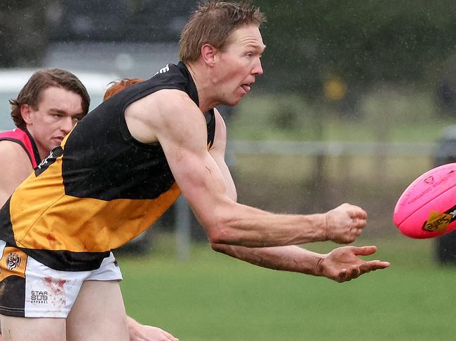 RDFL footy: Romsey v Lancefield at Romsey Park. 4th June 2022. Tom Waters in action for Lancefield.Picture : George Sal