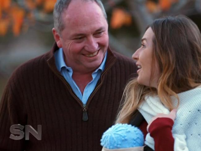 Vikki Campion and Barnaby Joyce during their first interview since the birth of their baby. Source: Channel 7