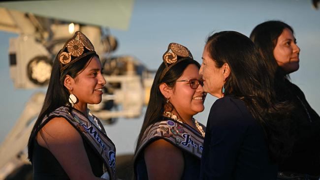 Interior Secretary Deb Haaland greets members of a Native American community upon arrival in Phoenix, Arizona, on Thursday. Picture: AFP