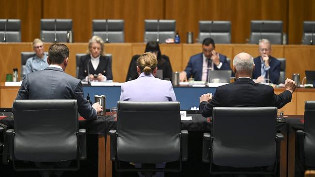 Qantas executives including CEO Vanessa Hudson and chair Richard Goyder, face the Senate inquiry into bilateral air rights. Picture: NCA NewsWire/Martin Ollman