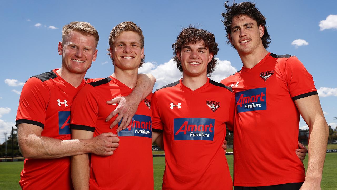 Essendon draftees Garrett McDonagh, Ben Hobbs, Patrick Voss and Alastair Lord. Picture: Michael Klein.