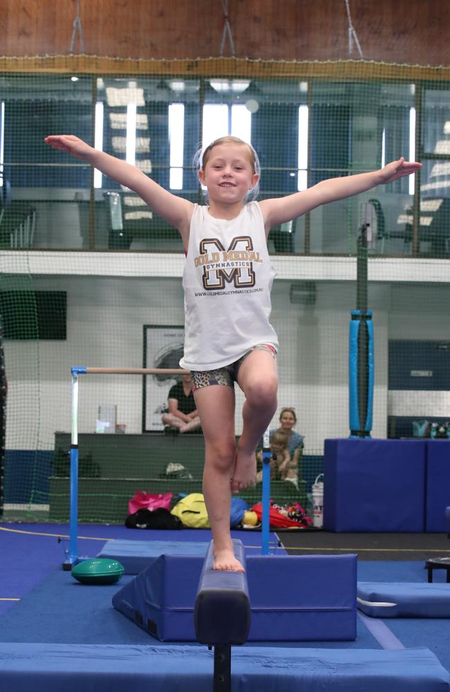 Gold Coast Gold medal Gymnastics team are new onto the scene on the Gold Coast. They have been struggling to find a place to rent and are having to set up and pack away all their equiptment for every training session. Gymnast Skylar Hersel 6 at training. Picture Glenn Hampson