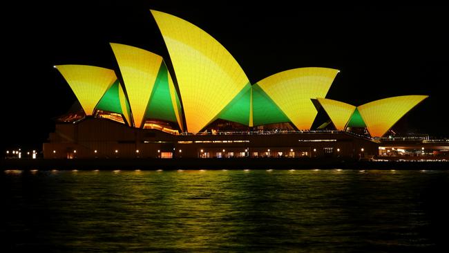 A photo of the Sydney Opera House illuminated for the Matildas ahead of their first World Cup knockout round last year.