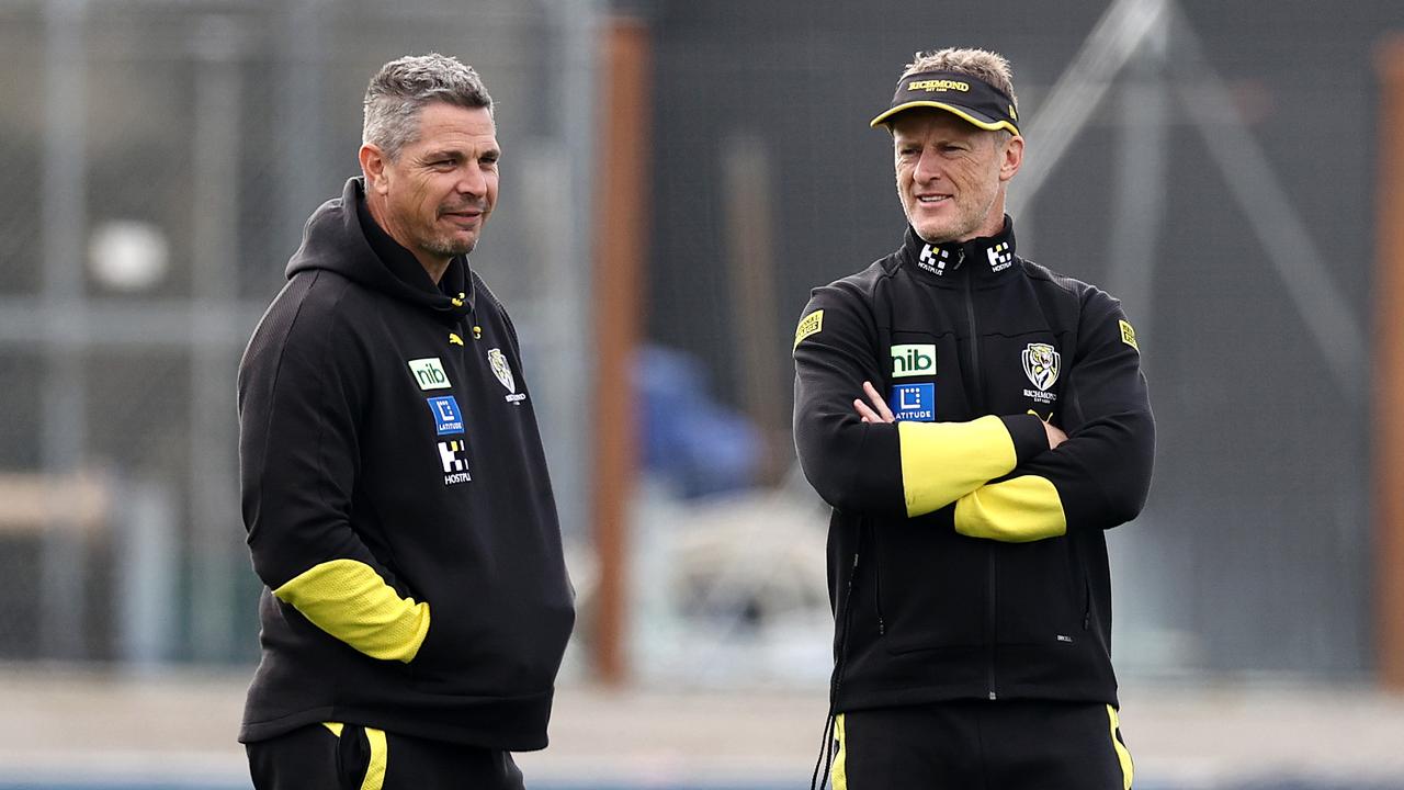 Adam Kingsley (left) will continue to work under Damien Hardwick until the Tigers’ finals campaign ends. Picture: Michael Klein