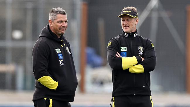 Adam Kingsley (left) will continue to work under Damien Hardwick until the Tigers’ finals campaign ends. Picture: Michael Klein