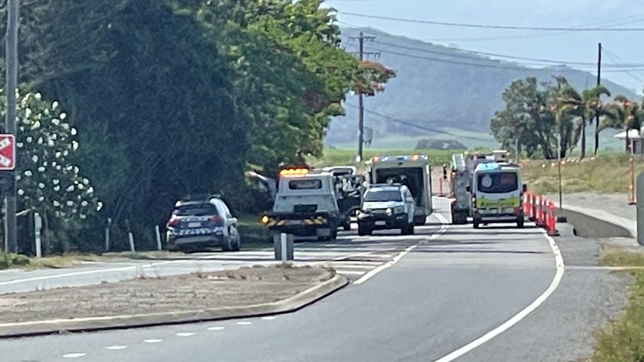 The Bruce Highway was closed at Farleigh following a two car crash involving the driver allegedly linked to a serious crash at Mount Pleasant earlier that day. Picture: Janessa Ekert