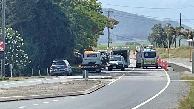 The Bruce Highway was closed at Farleigh following a two car crash involving the driver allegedly linked to a serious crash at Mount Pleasant earlier that day. Picture: Janessa Ekert