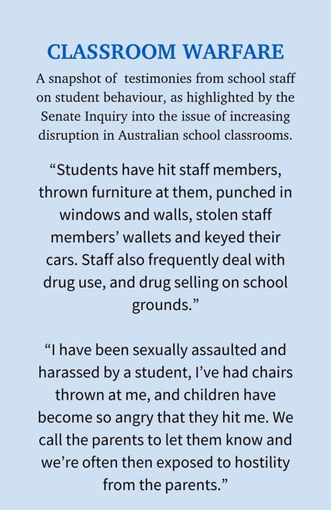 Testimonials from school staff on student behaviour, as highlighted by the Senate Inquiry into the issue of increasing disruption in Australian school classrooms.