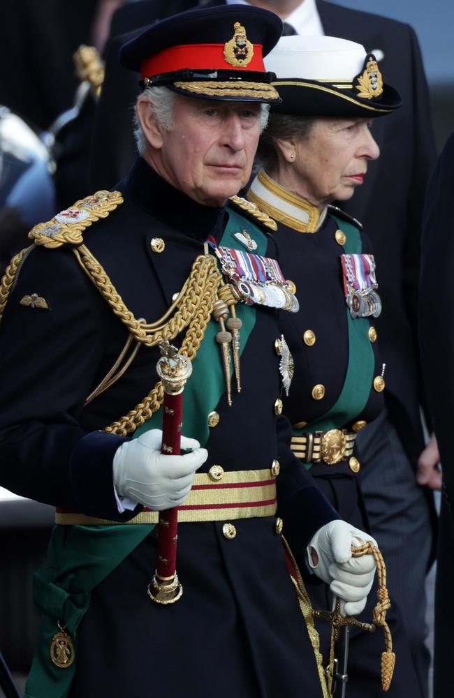 King Charles III and Princess Anne, Princess Royal arrive with Queen Elizabeth II’s funeral cortege as it made its way along The Royal Mile. Picture: Getty Images