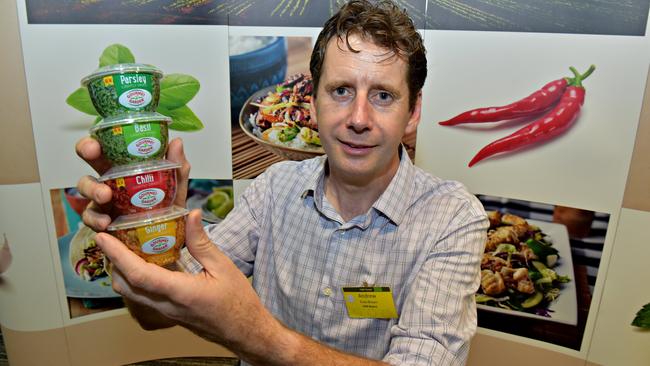 FLASHBACK: Launch of the Sunshine Coast Food and Agribusiness Network at Gourmet Garden Factory, Palmwoods. Andrew Eves-Brown with herbs from the factory.