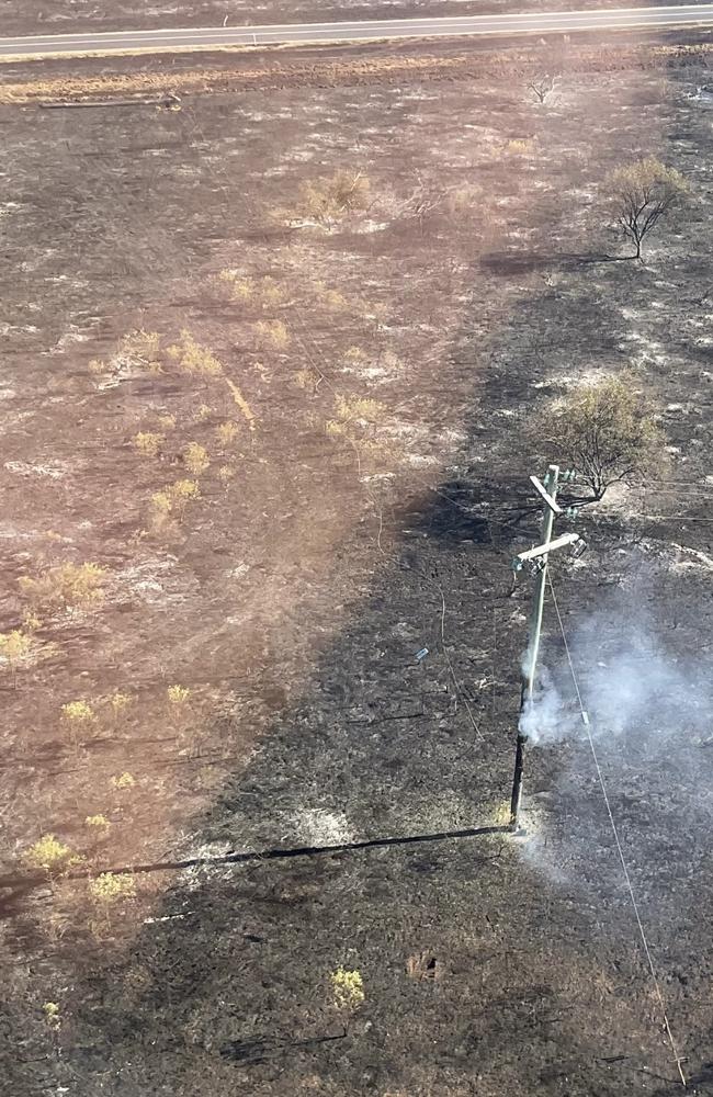 Just one of the poles Ergon Energy Network crews will need to replace near Dirranbandi after fires swept through the area on Tuesday night. Photo: Ergon Energy.