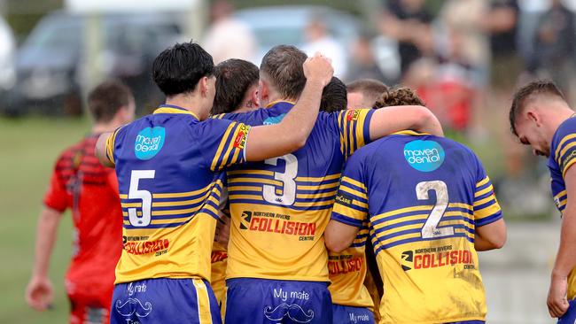 Mullumbimby players celebrating what they thought was a try in the first half, only for play to be called back. Picture: DC Sports Photography