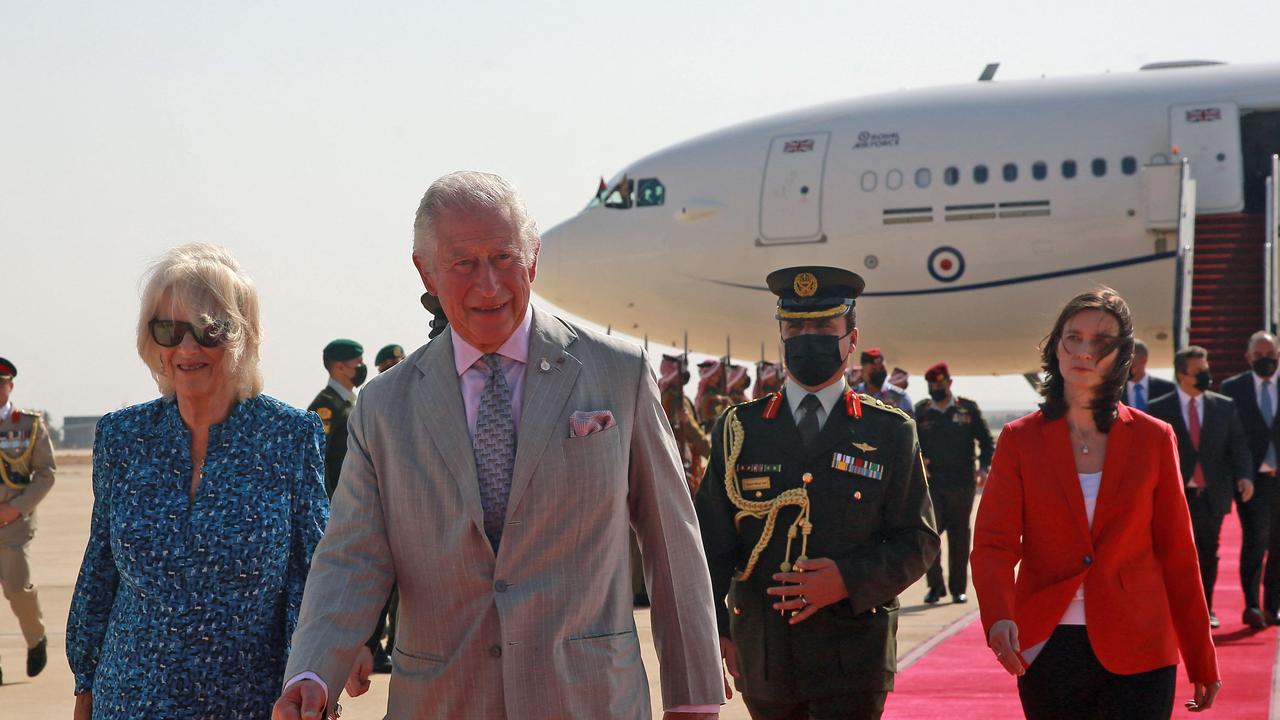 Prince Charles and his wife Camilla arriving at Queen Alia International Airport serving Jordan's capital Amman. Picture: Khalil MazraawI/AFP