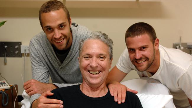 Leak with sons Jasper, left, and Johannes as he recovered in hospital following brain surgery after falling from a balcony in 2008.