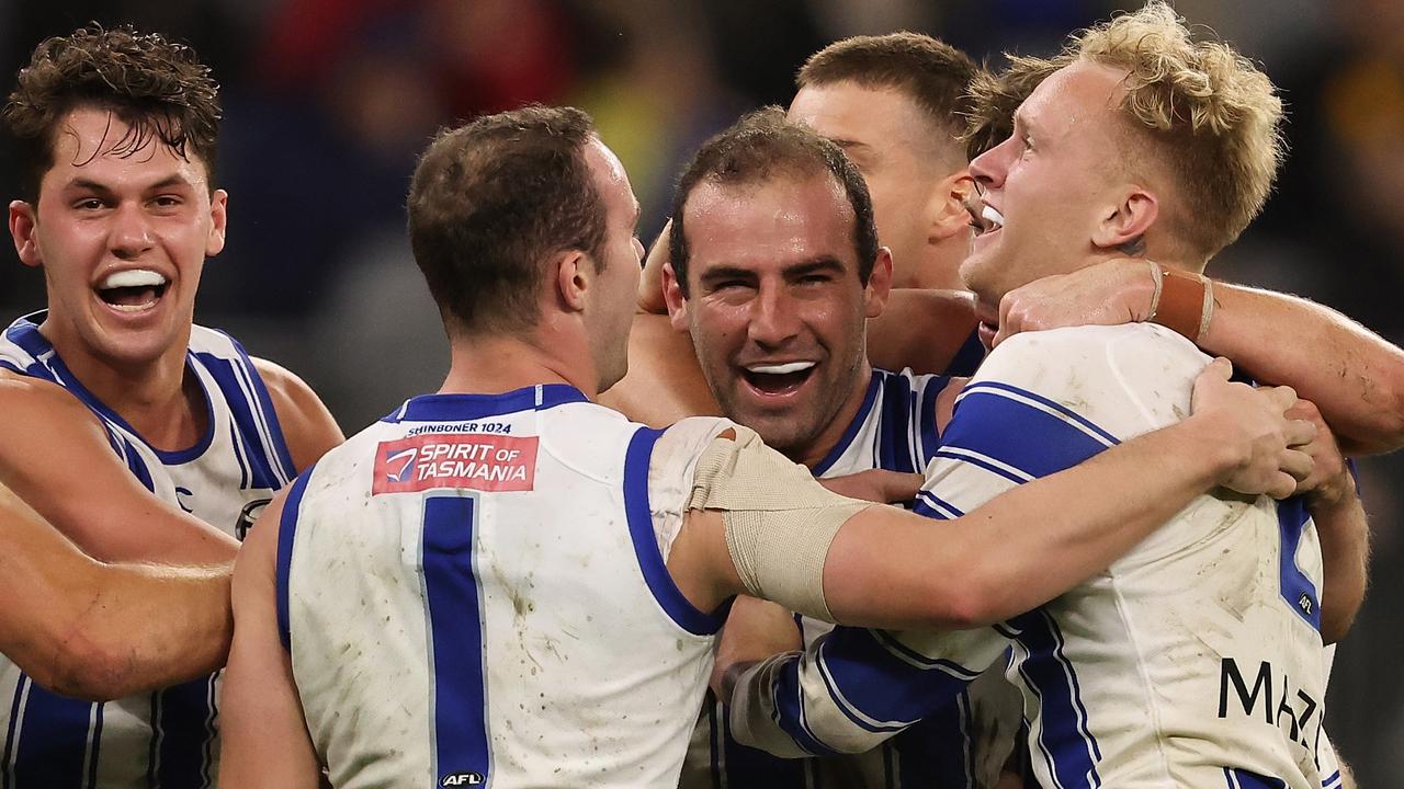 Cunnington celebrates a goal against West Coast this year. Picture: Getty Images