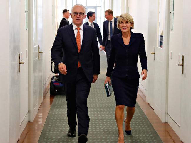 Malcolm Turnbull leaving the meeting with Foreign Minister Julie Bishop after Scott Morrison was picked as Australia's new prime minister. Picture: David Gray/ AFP