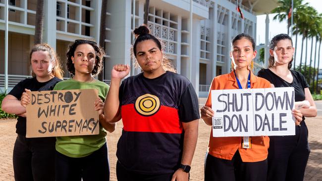 A crowd gathered out the front of the NT Parliament on Monday afternoon ahead of controversial youth bail law changes being pushed through. Protest organisers Sara Rowe, Mililma May, Melinda Phillips, Sharna Alley and Tayarrah Morris. Picture: Che Chorley