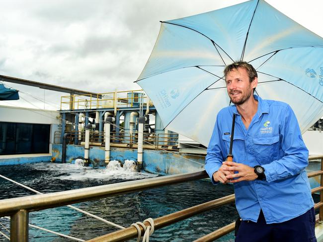 Curatorial Supervisor at ReefHQ Chris Benstead, at the top of the tank, where the new Reverse Osmosis Machine helps with rainfall. Picture: Alix Sweeney