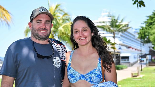 Pacific Encounter passengers Nick McKechnie and Elenya Dixon at the Cruiseliner terminal on Friday. Picture Emily Barker