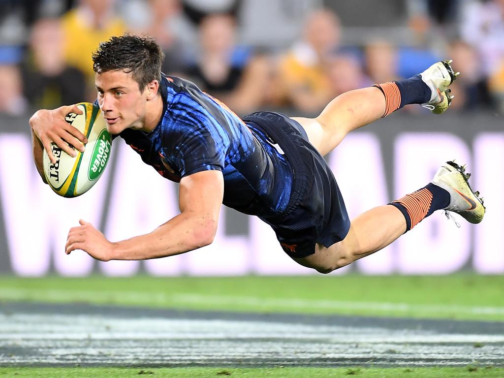 Bautista Delguy of the Pumas scores a try during The Rugby Championship match between the Australian Wallabies and Argentina Pumas at Cbus Super Stadium last year. Picture: Getty