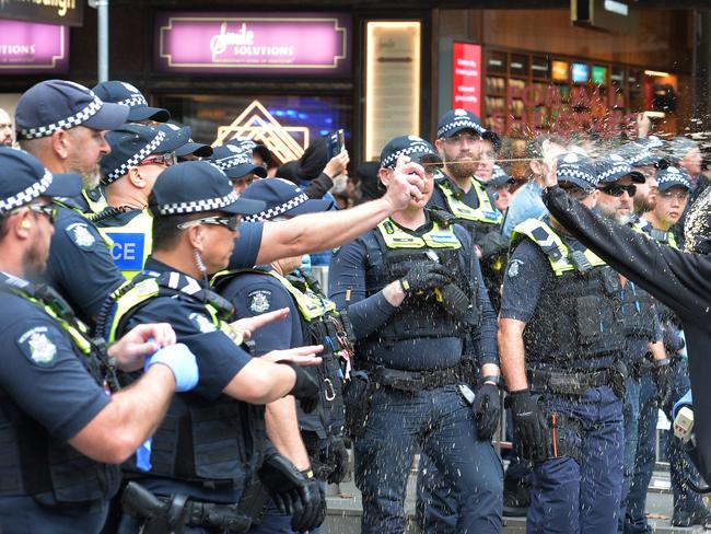 Pro Trans v Women's Rights. Pro Trans activists clash with police. Picture: Josie Hayden