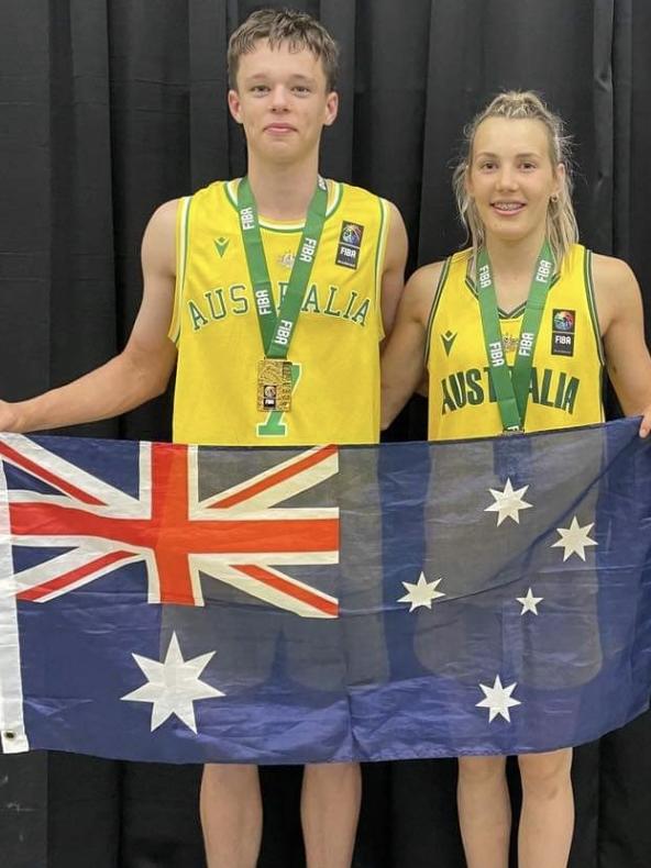 South Australian’s Sam Hughes and Sienna Lehmann at the FIBA U15 Oceania basketball championships in Guam. Picture Di Hughes