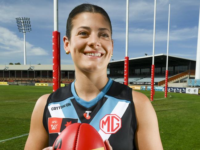 Port Adelaide AFLW forward Julia Teakle at Alberton Oval Thursday ,November,21,2024.Picture Mark Brake