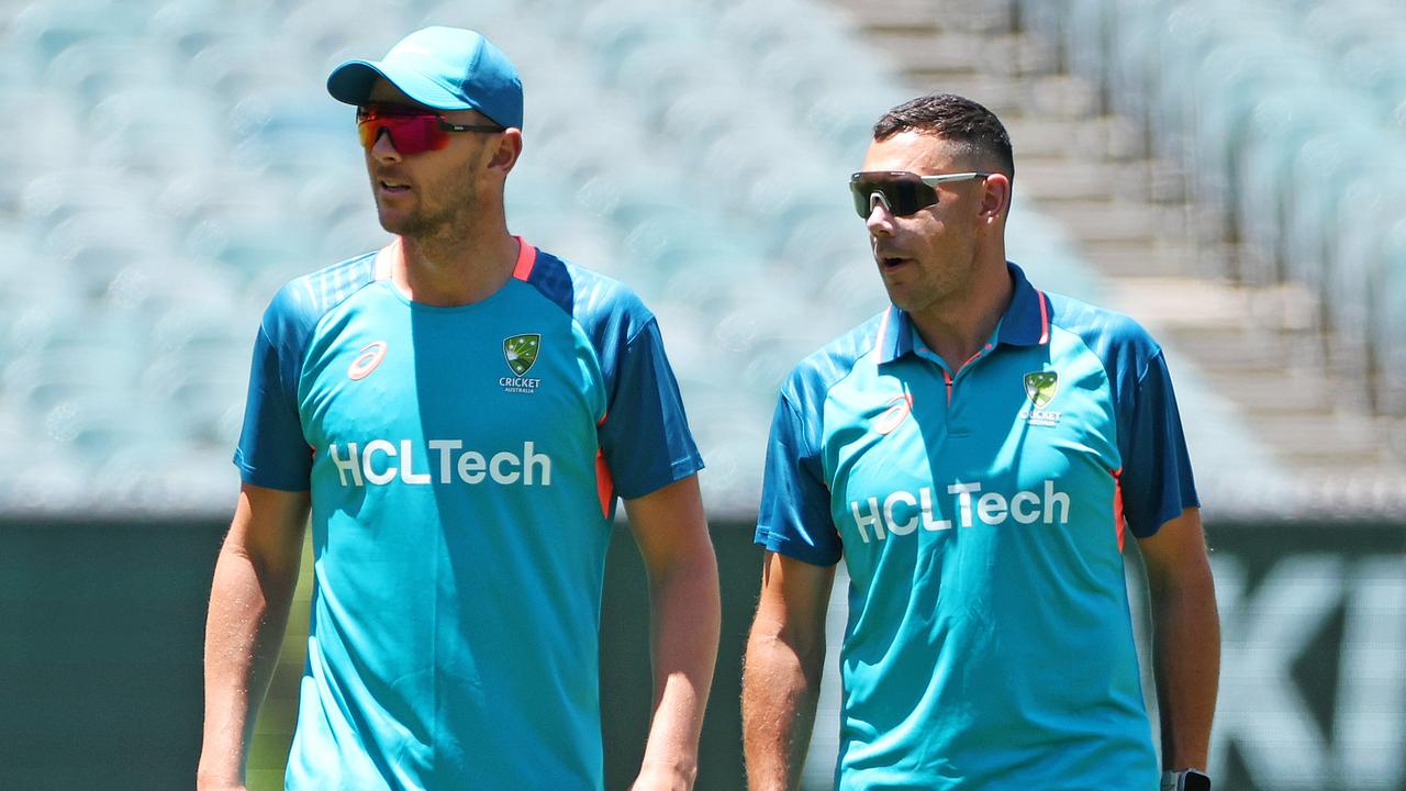 Josh Hazlewood with Scott Boland. Picture: Mark Stewart