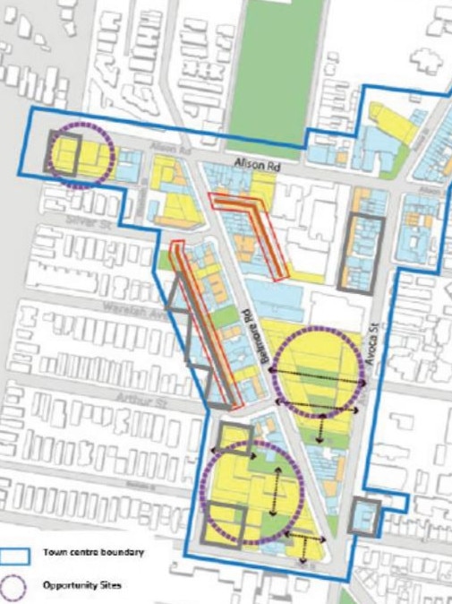 Location of the three opportunity sites referred to in the strategy as High Street Block (bottom circle), Central Block, and North Western Block