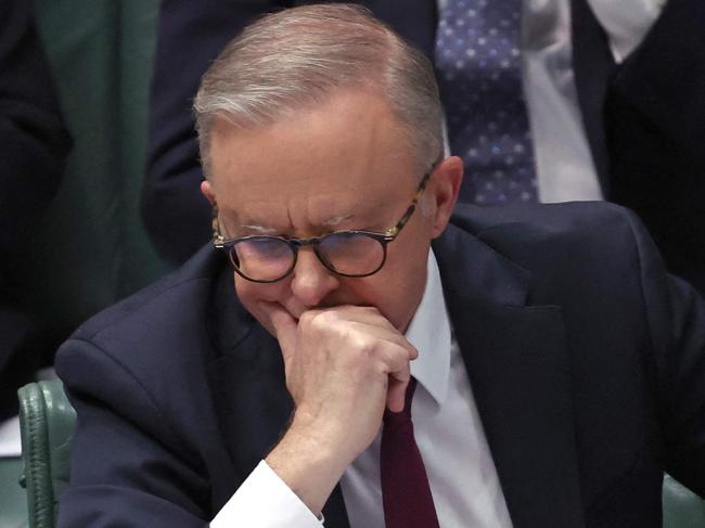 Australian Prime Minister Anthony Albanese reacts during Question Time in the House of Representatives at Parliament House in Canberra on October 16, 2023. (Photo by DAVID GRAY / AFP)