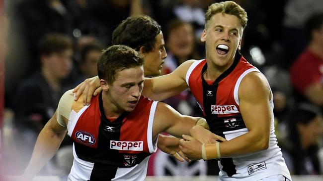 Jake Billings celebrates a goal for St Kilda. Picture: AAP Images