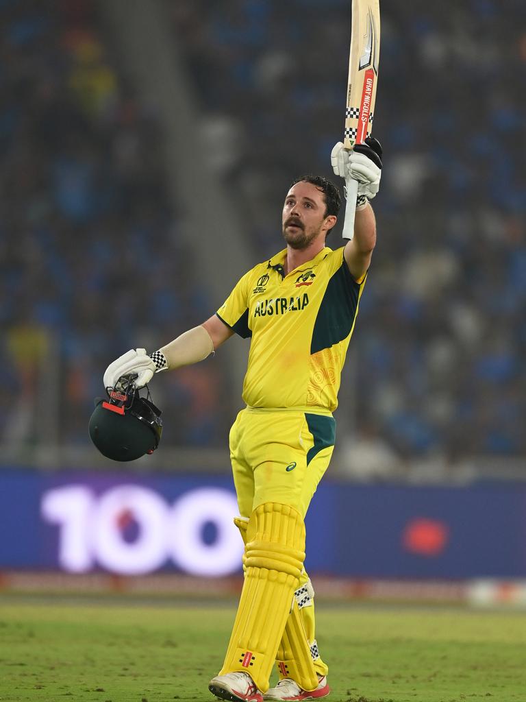 Travis Head of Australia celebrates his century. Picture: Gareth Copley/Getty Images