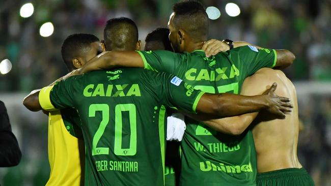 Brazil's Chapecoense footballers celebrate after defeating Argentina's San Lorenzo last week.