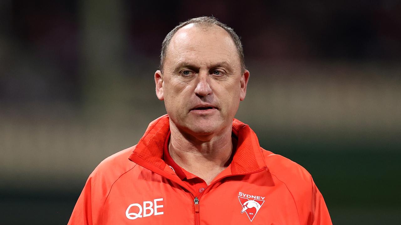 SYDNEY, AUSTRALIA - AUGUST 09: Swans coach, John Longmire looks on during the round 22 AFL match between Sydney Swans and Collingwood Magpies at SCG, on August 09, 2024, in Sydney, Australia. (Photo by Brendon Thorne/AFL Photos/via Getty Images)