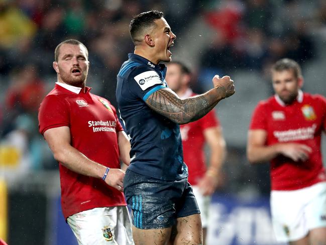 Sonny Bill Williams of the Blues celebrates his try.