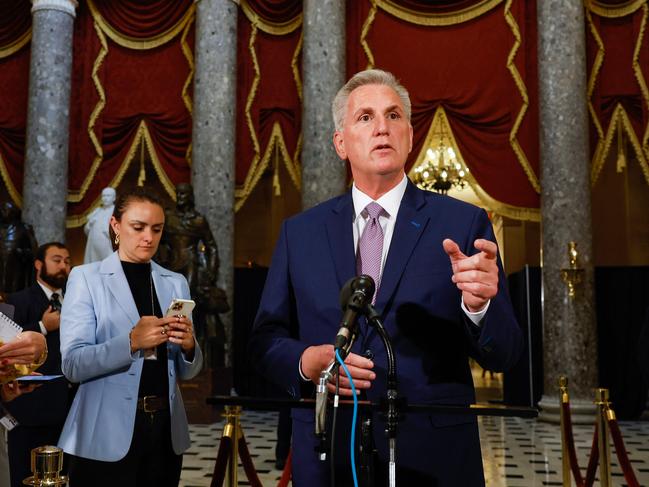 WASHINGTON, DC - APRIL 26: U.S. Speaker of the House Rep. Kevin McCarthy (R-CA) speaks to the media at the US Capitol on April 26, 2023 in Washington, DC. The US House voted and passed a bill raising the nation's debt ceiling.   Tasos Katopodis/Getty Images/AFP (Photo by TASOS KATOPODIS / GETTY IMAGES NORTH AMERICA / Getty Images via AFP)