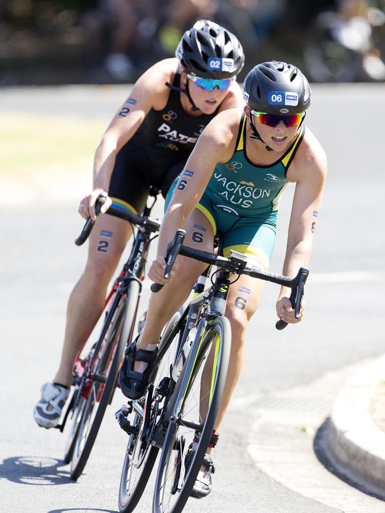 Emma Jackson AUS during the cycle leg of the Women's Elite &amp; U23 Devonport Triathlon. PICTURE CHRIS KIDD