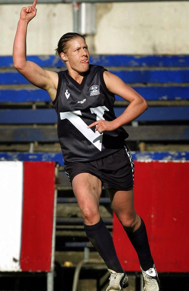 Meg Hutchins after kicking a goal for the Victorian at the 2005 women’s national championships.