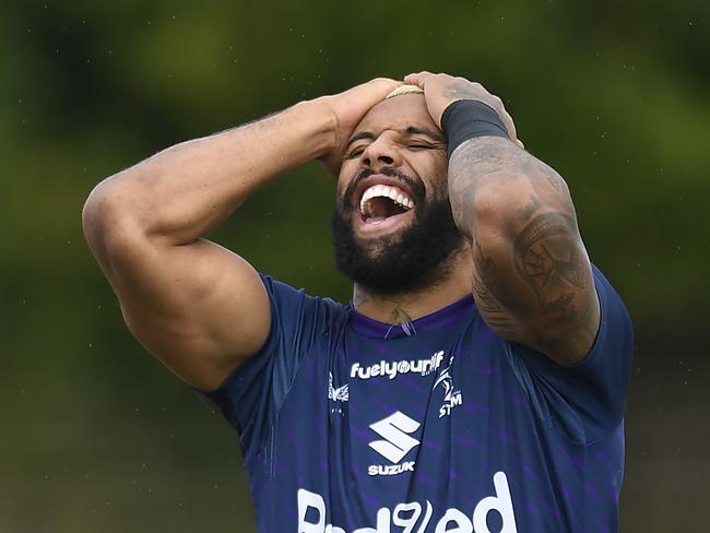 SUNSHINE COAST, AUSTRALIA - MAY 24: Josh Addo-Carr reacts during a Melbourne Storm NRL training session at Sunshine Coast Stadium on May 24, 2021 in Sunshine Coast, Australia. (Photo by Albert Perez/Getty Images)