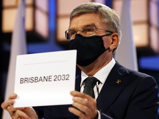 TOKYO, JAPAN - JULY 21:  President of the International Olympic Committee Thomas Bach announces Brisbane as the 2032 Summer Olympics host city during the 138th IOC Session at Hotel Okura on July 21, 2021 in Tokyo, Japan.  (Photo by Toru Hanai/Getty Images)