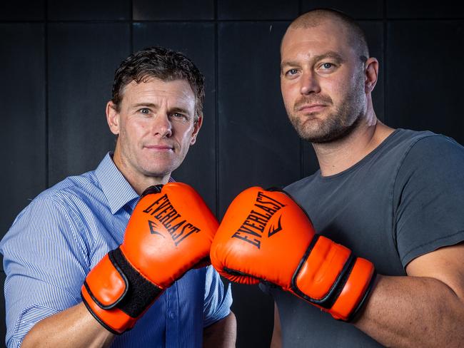 No Limit Boxing fight promotion at Rod Laver Arena. Former AFL footballers Cam Mooney and Tom Bellchambers ahead of their fight. Picture: Jake Nowakowski