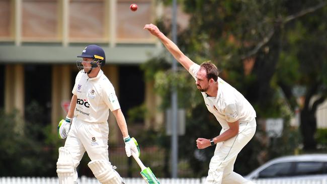 Redlands bowler George Garrett Cricket action between UQ v Redlands Saturday December 17, 2022. Picture: John Gass