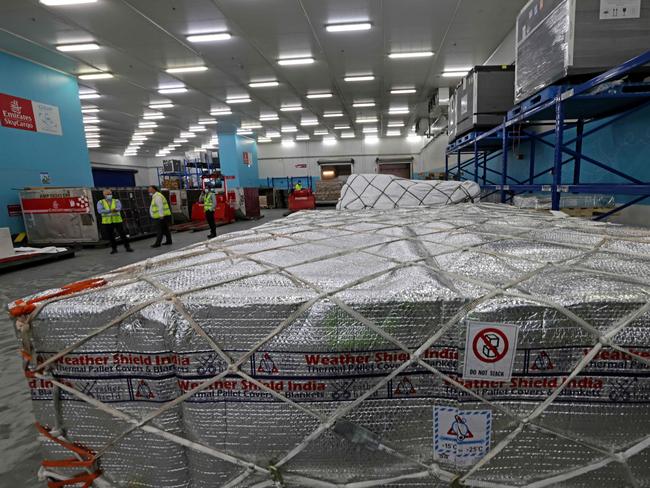 Airport personnel unload a coronavirus vaccine shipment at Dubai International Airport as part of the World Health Organisation's Covax initiative to distribute two billion vaccine doses. Picture: AFP