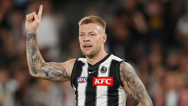 Jordan De Goey celebrates a goal. Photo by Michael Willson/AFL Photos via Getty Images